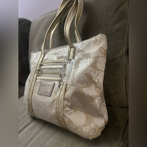 ✨COACH VTG POPPY Special Edition Signature Sequin Tote Bag Gold Cream RARE✨ - Picture 10 of 16